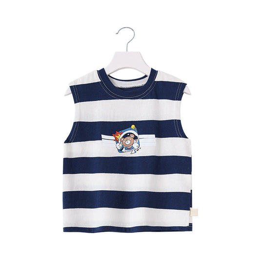 Fashion Kid Boys Striped Cartoon Print Tank Tops