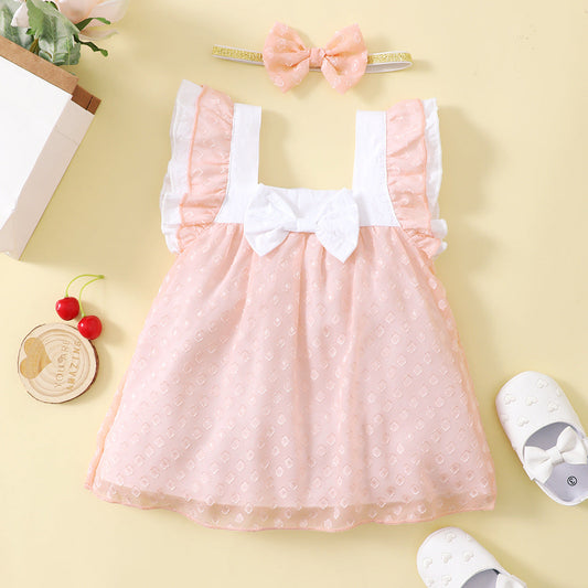 Baby Girls Solid Color Dresses And Headwear