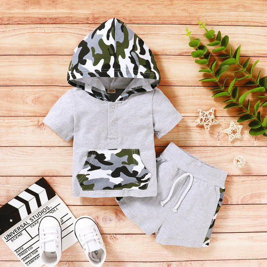 2 Pieces Set Baby Kid Boys Color-blocking Camo Tops And Shorts