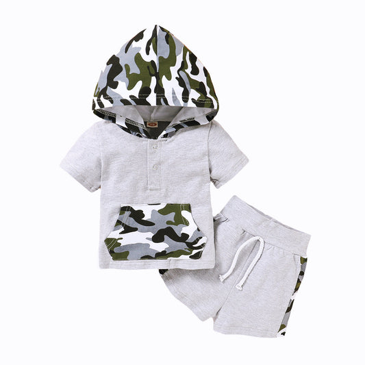 2 Pieces Set Baby Kid Boys Color-blocking Camo Tops And Shorts