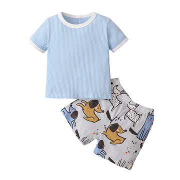 2 Pieces Set Baby Girls Solid Color T-Shirts And Print Animals Cartoon Shorts