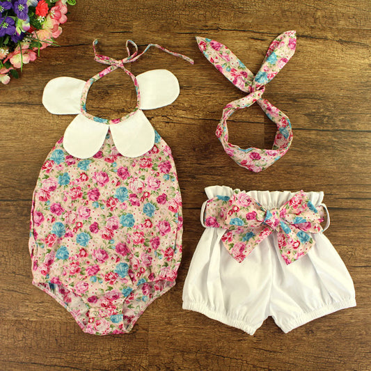 3 Pieces Set Baby Girls Flower Print Rompers Ribbon Shorts And Headwear