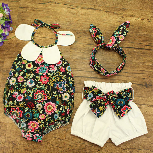 3 Pieces Set Baby Girls Flower Print Rompers And Shorts And Headwear