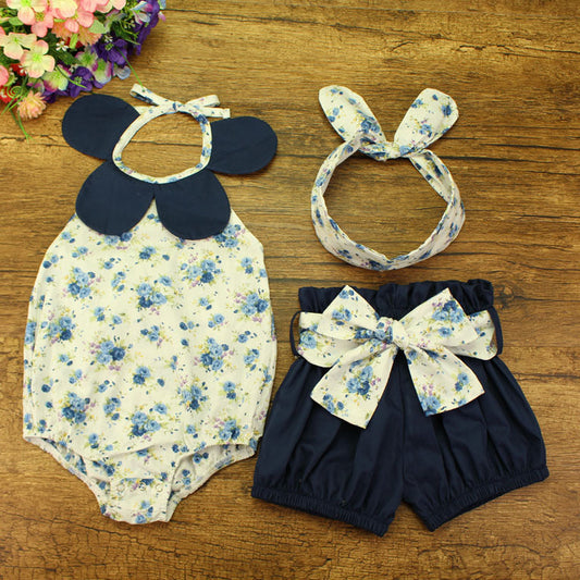 3 Pieces Set Baby Girls Flower Rompers Bow Shorts And Headwear