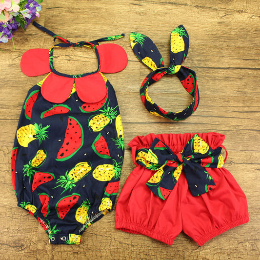 3 Pieces Set Baby Girls Fruit Print Rompers Ribbon Shorts And Headwear