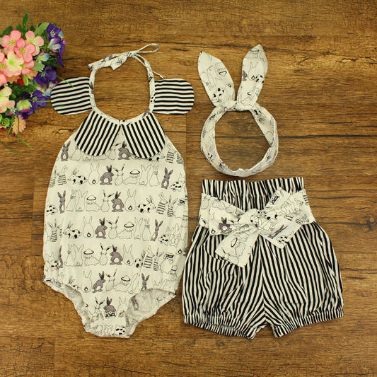 3 Pieces Set Baby Girls Animals Cartoon Print Rompers Striped Ribbon Shorts And Headwear