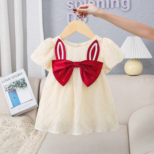 Baby Kid Girls Color-blocking Rabbit Cartoon Bow Dresses