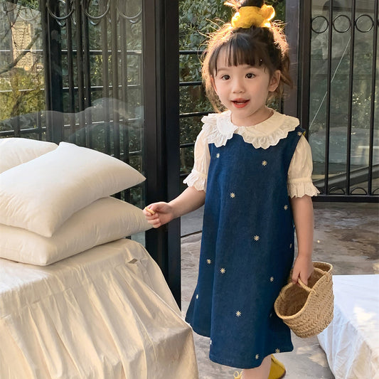 Baby Kid Girls Solid Color Blouses And Embroidered Jumpsuits