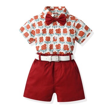 2 Pieces Set Baby Kid Boys Flower Bow Print Shirts And Solid Color Shorts