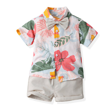 2 Pieces Set Baby Kid Boys Plant Print Shirts And Solid Color Shorts