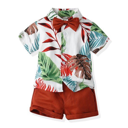 2 Pieces Set Baby Kid Boys Plant Print Shirts And Solid Color Shorts