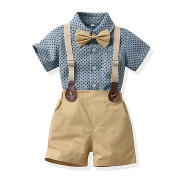 2 Pieces Set Baby Kid Boys Dressy Bow Print Shirts And Solid Color Rompers