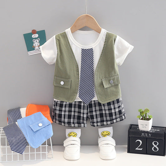 2 Pieces Set Baby Kid Boys Color-blocking Tops And Checked Shorts