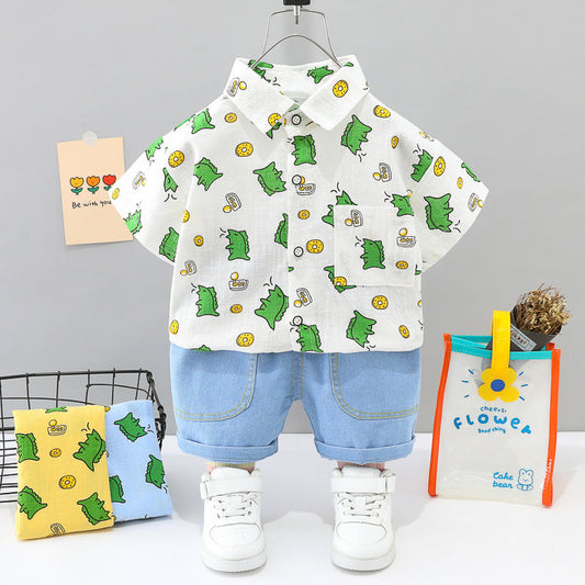 2 Pieces Set Baby Kid Boys Dinosaur Shirts And Solid Color Shorts