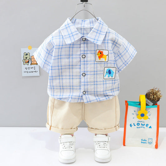 2 Pieces Set Baby Kid Boys Checked Cartoon Shirts And Solid Color Shorts