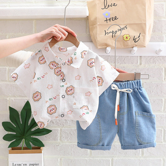 2 Pieces Set Baby Kid Boys Cartoon Print Shirts And Solid Color Shorts