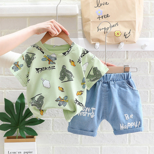 2 Pieces Set Baby Kid Boys Print T-Shirts And Letters Shorts