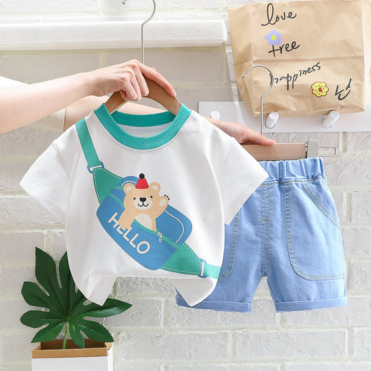 2 Pieces Set Baby Kid Boys Print T-Shirts And Solid Color Shorts