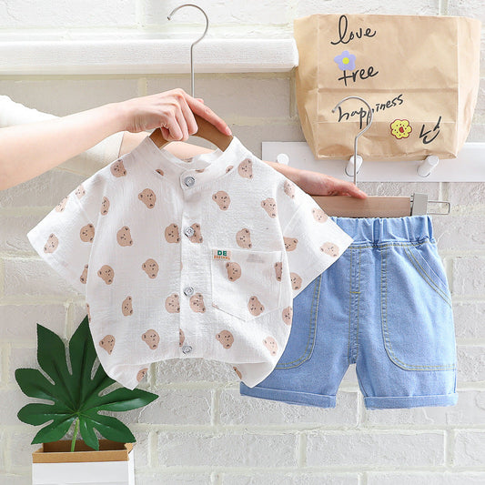 2 Pieces Set Baby Kid Boys Cartoon Print Tops And Solid Color Shorts