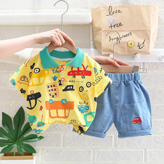 2 Pieces Set Baby Kid Boys Car Print Polo Shirts And Embroidered Shorts