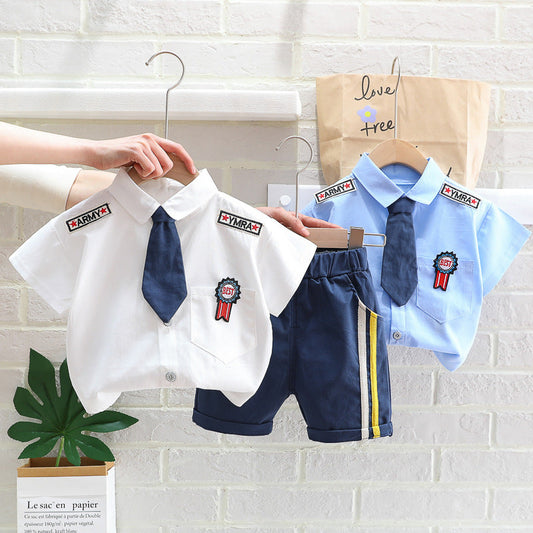 2 Pieces Set Baby Kid Boys Embroidered Shirts And Solid Color Shorts