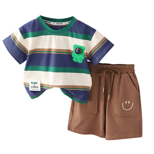 2 Pieces Set Baby Kid Boys Striped T-Shirts And Expression Shorts