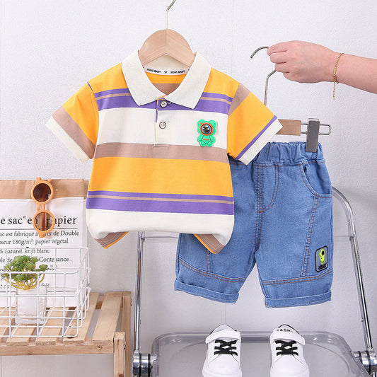 2 Pieces Set Baby Kid Boys Striped Cartoon Polo Shirts And Jeans