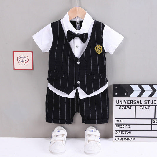 2 Pieces Set Baby Kid Boys Dressy Striped Bow Shirts And Shorts