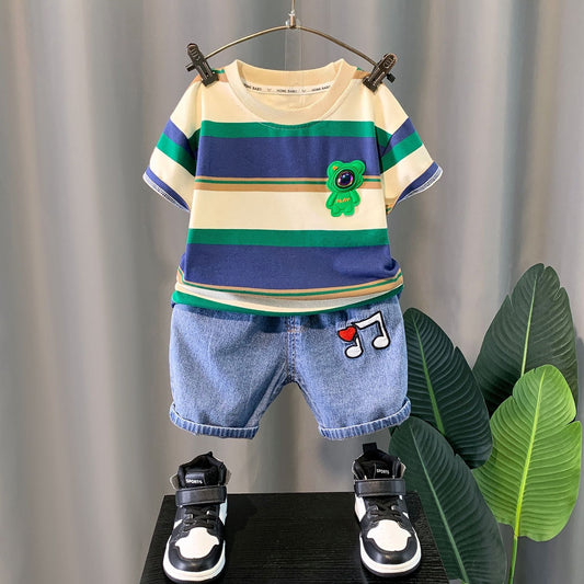 2 Pieces Set Baby Kid Boys Striped Letters Cartoon T-Shirts And Embroidered Shorts