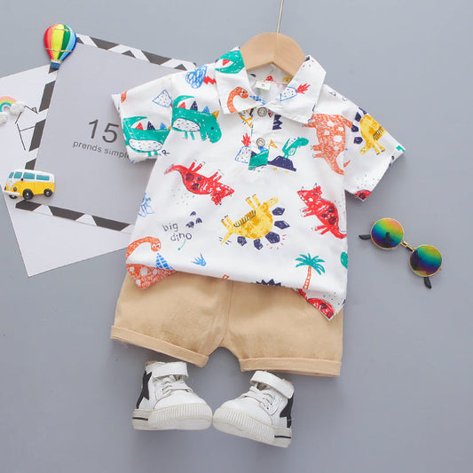 2 Pieces Set Baby Kid Boys Dinosaur Print Polo Shirts And Solid Color Shorts