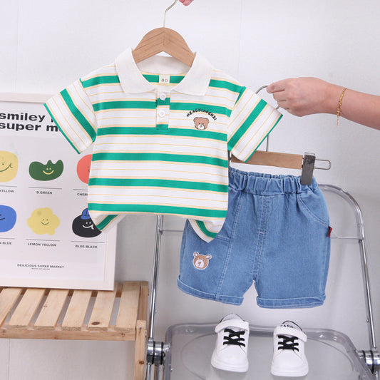 2 Pieces Set Baby Kid Boys Striped Polo Shirts And Cartoon Shorts