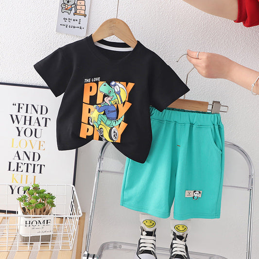 2 Pieces Set Baby Kid Boys Dinosaur Print T-Shirts And Solid Color Shorts