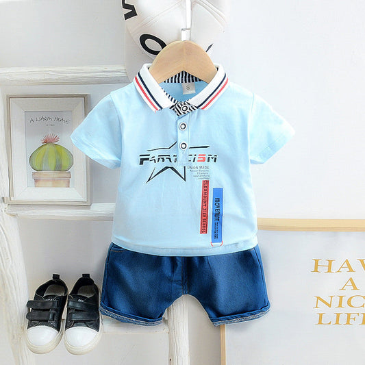 2 Pieces Set Baby Kid Girls Letters Cartoon Print Polo Shirts And Solid Color Shorts