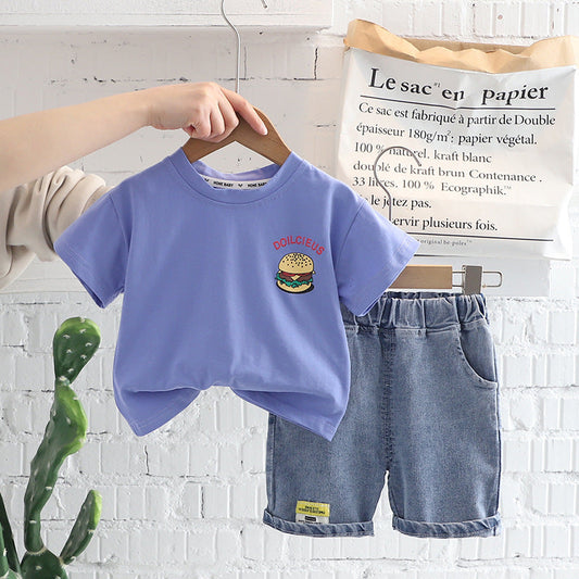 2 Pieces Set Baby Kid Boys Letters Cartoon Print T-Shirts And Solid Color Shorts