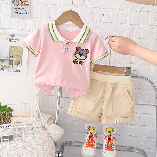 2 Pieces Set Baby Kid Boys Cartoon Polo Shirts And Solid Color Shorts