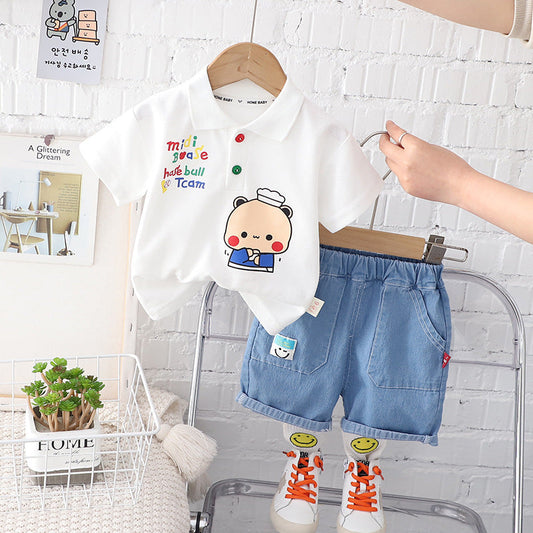 2 Pieces Set Baby Kid Boys Letters Cartoon Polo Shirts And Expression Shorts