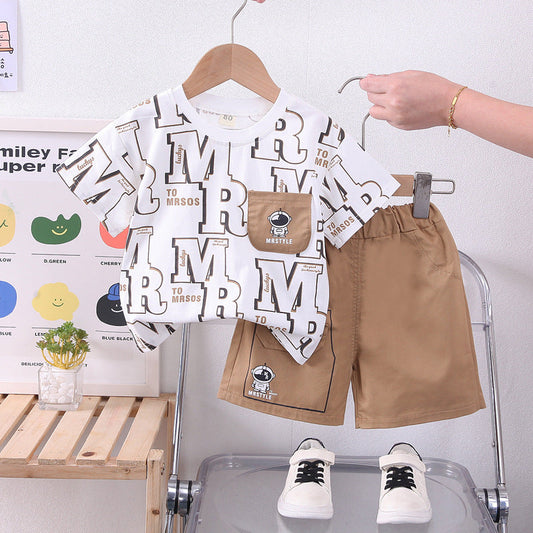 2 Pieces Set Baby Kid Boys Letters Tops And Solid Color Shorts