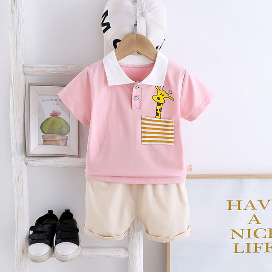 2 Pieces Set Baby Kid Boys Striped Cartoon Print Polo Shirts And Solid Color Shorts