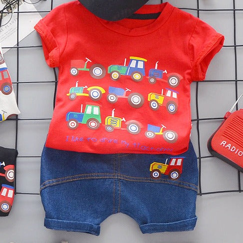 2 Pieces Set Baby Kid Boys Letters Car Print T-Shirts And Shorts