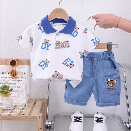 2 Pieces Set Baby Kid Boys Letters Cartoon Print Polo Shirts And Embroidered Shorts