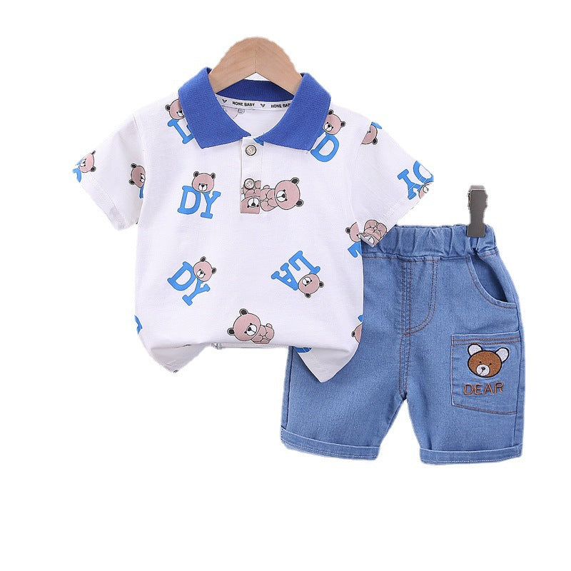 2 Pieces Set Baby Kid Boys Letters Cartoon Print Polo Shirts And Embroidered Shorts