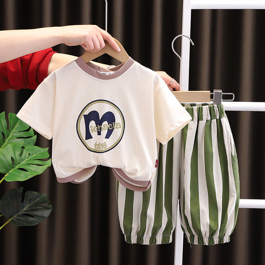 2 Pieces Set Baby Kid Boys Letters Print T-Shirts And Striped Shorts