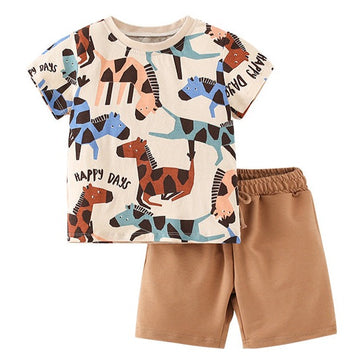 2 Pieces Set Kid Boys Animals Print T-Shirts And Solid Color Shorts