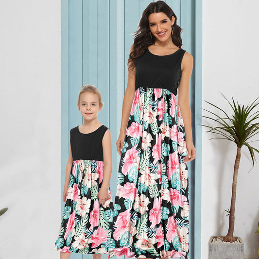 Mommy And Me Kid Color-blocking Flower Print Dresses