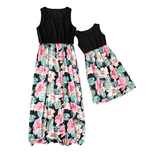 Mommy And Me Kid Color-blocking Flower Print Dresses