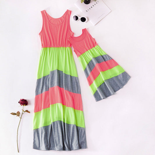 Mommy And Me Baby Kid Color-blocking Dresses