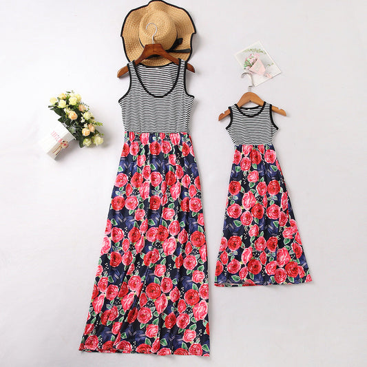 Mommy And Me Baby Kid Striped Flower Print Dresses