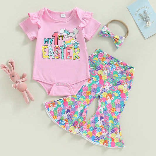 3 Pieces Set Baby Girls Easter Letters Print Rompers Cartoon Pants And Bow Headwear