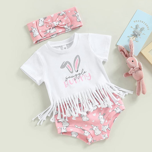 3 Pieces Set Baby Girls Easter Letters Tops Rabbit Shorts And Bow Headwear