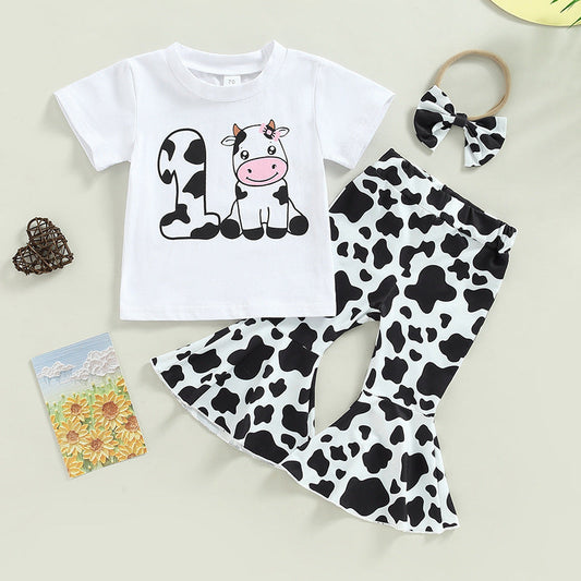 3 Pieces Set Baby Girls Cartoon Print T-Shirts Cow Pants And Bow Headwear